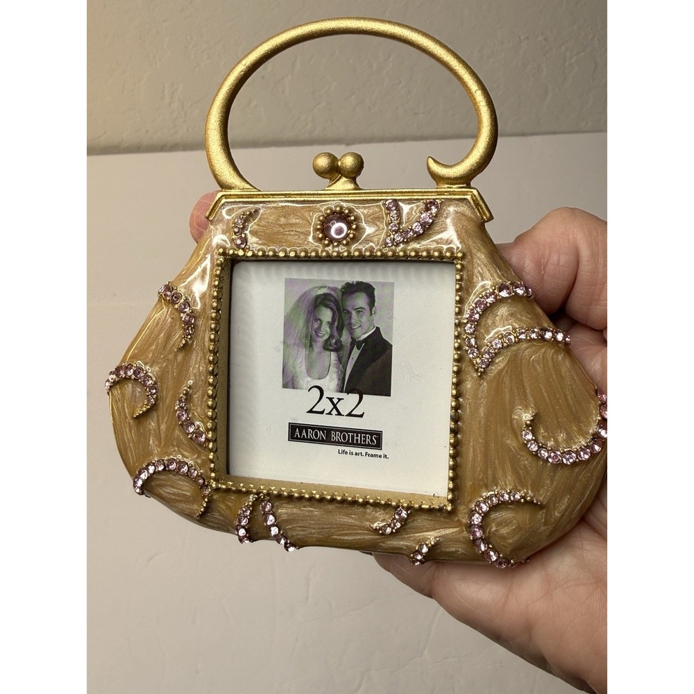 Aaron Brothers Small Picture Frame Purse Pearly Enamel Rhinestones 2x2 Photo New - Picture 4 of 6